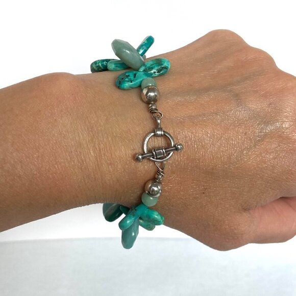 Sterling Silver 925 Teardrop Turquoise Aventurine & Sodalite Beaded Bracelet  7" - Picture 3 of 16